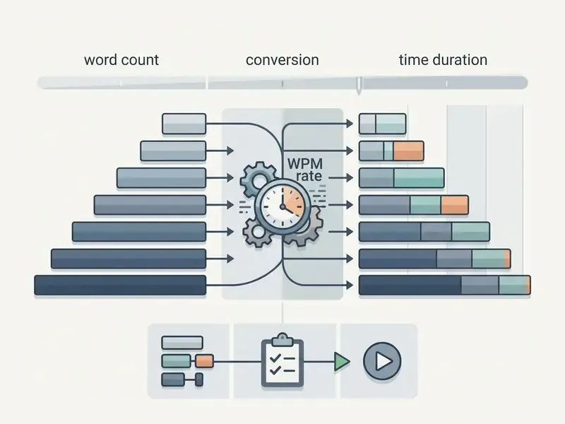 Table mapping word counts to time durations using a central WPM rate gear and clock mechanism