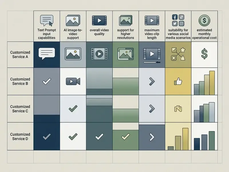 Comparison matrix evaluating AI video generator features like prompt input, quality, and monthly costs