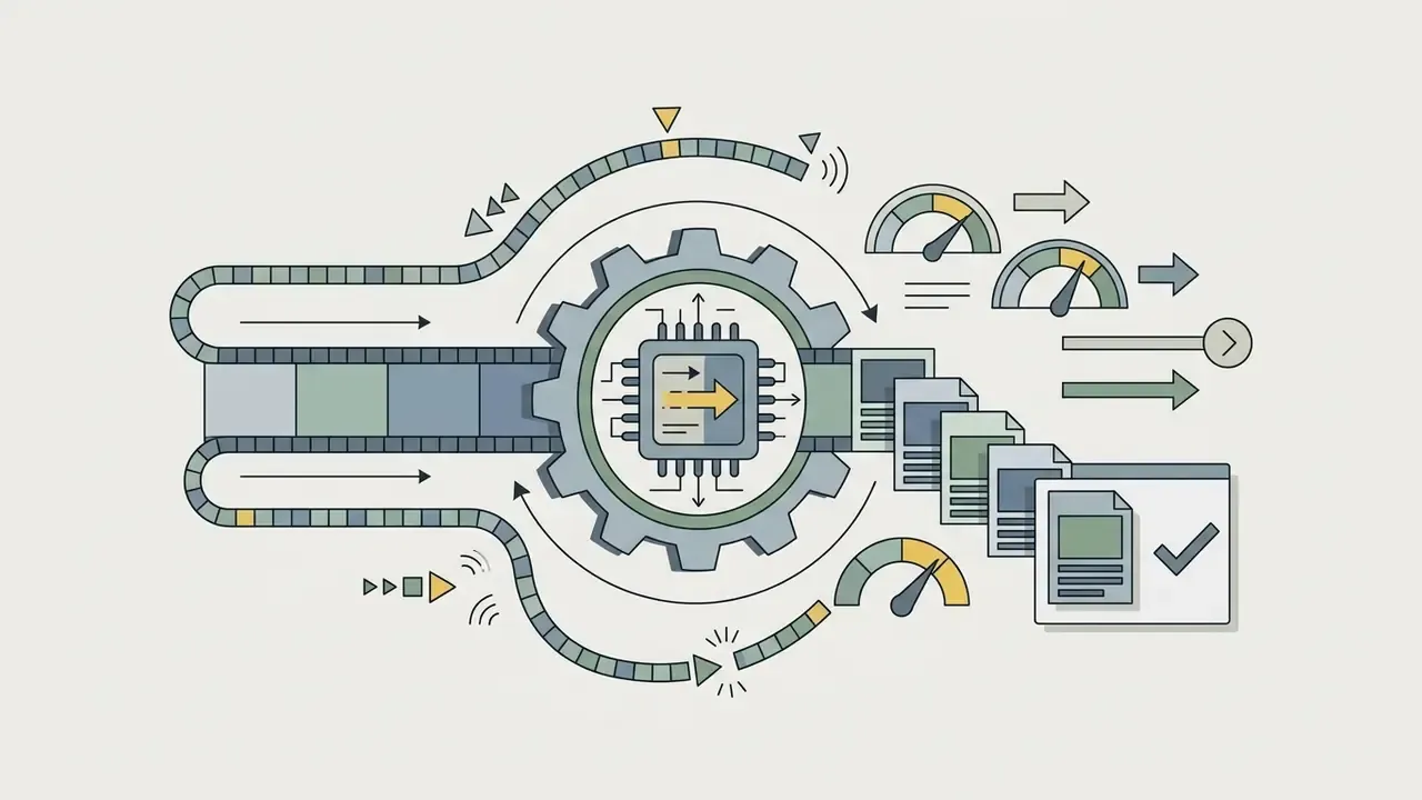 Film strip passing through a central processing gear and chip to emerge as organized document files