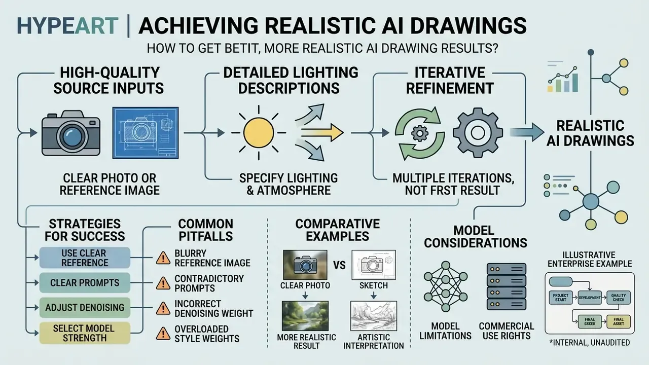 Diagram detailing steps for realistic AI drawing results through source inputs, lighting, and refinement