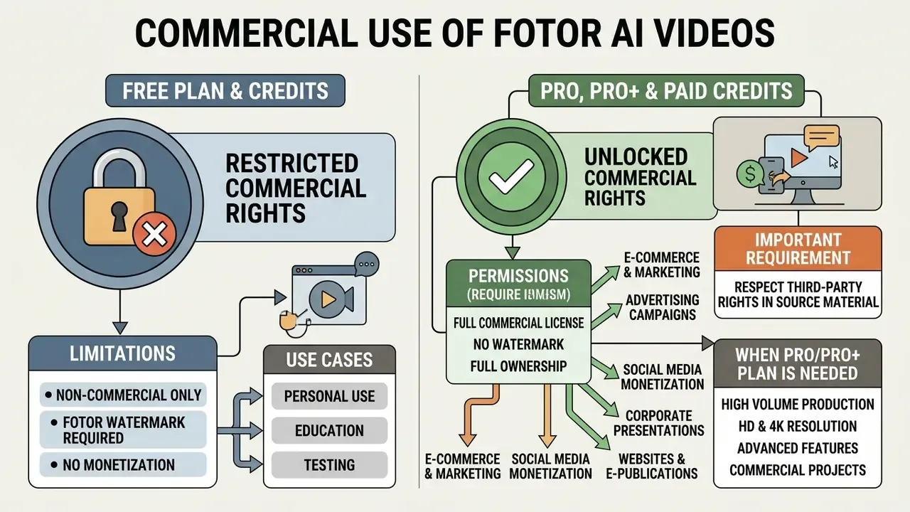 Comparison chart detailing commercial usage rights for free versus paid subscription plans