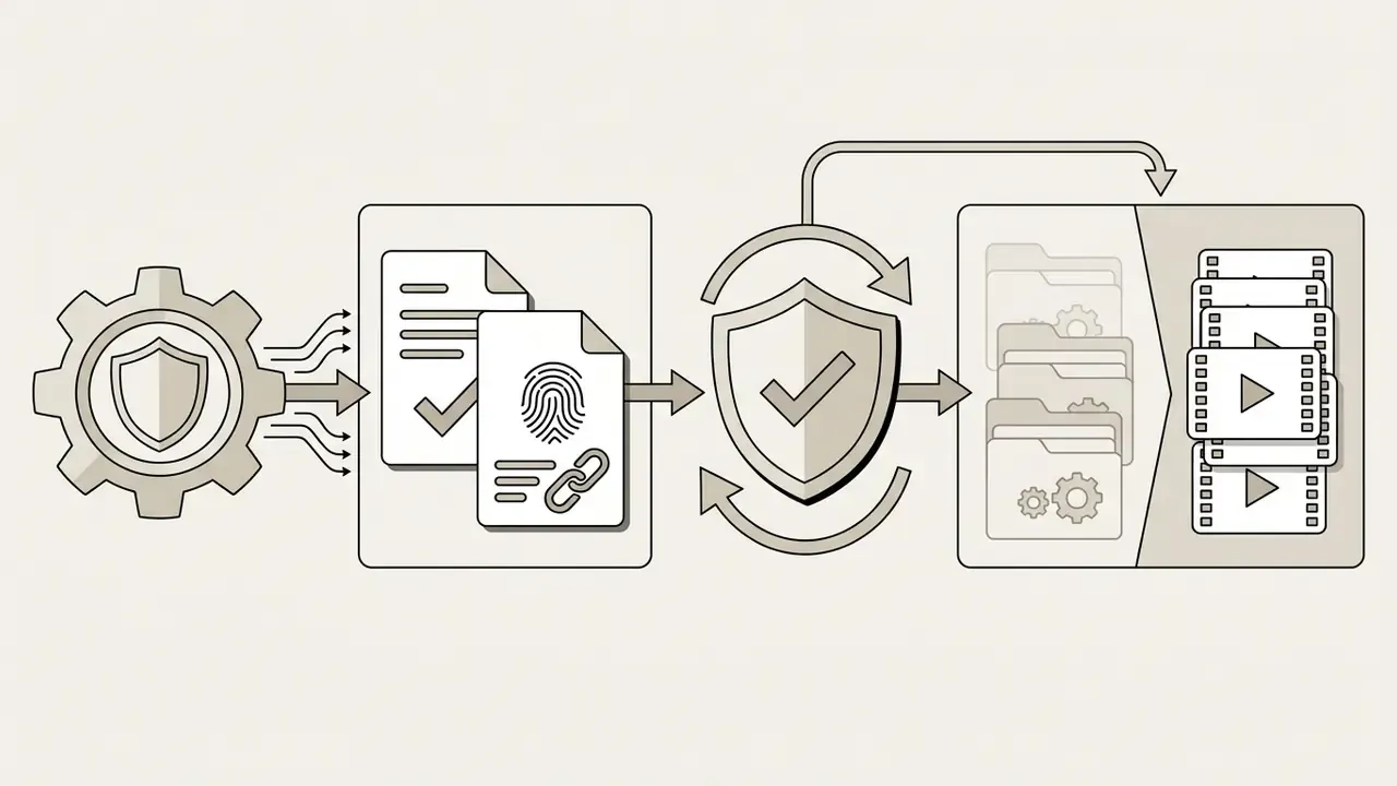 Gear with shield icon processing governance documents into a verification loop for final video output