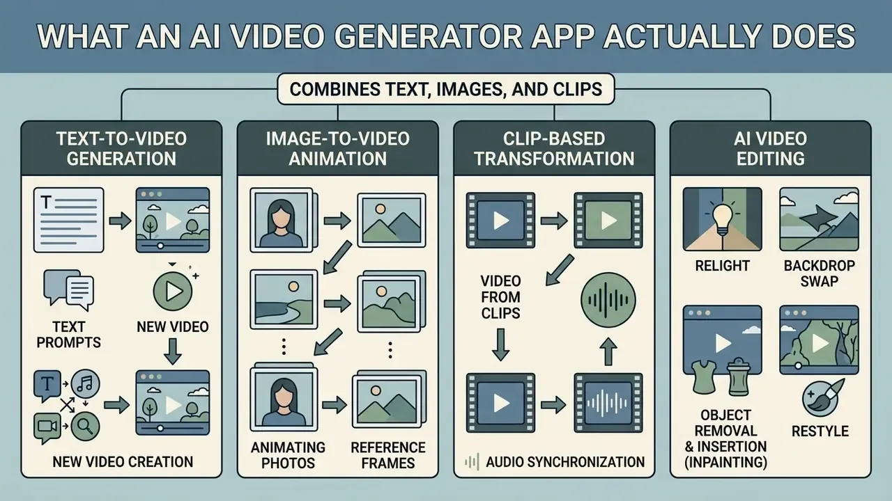 Infographic showing four core functions of an AI video generator app including text, image, and clip processing