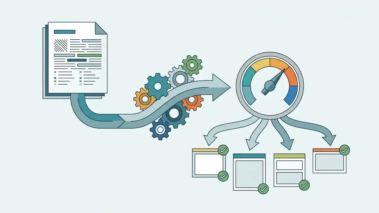 Document flowing through gears and a gauge into four distinct templates with checkmarks