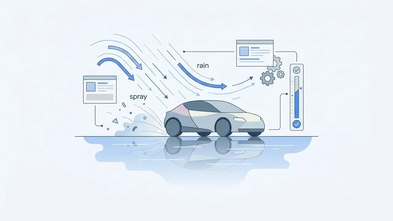 Car driving through rain and spray with technical diagrams and a performance gauge
