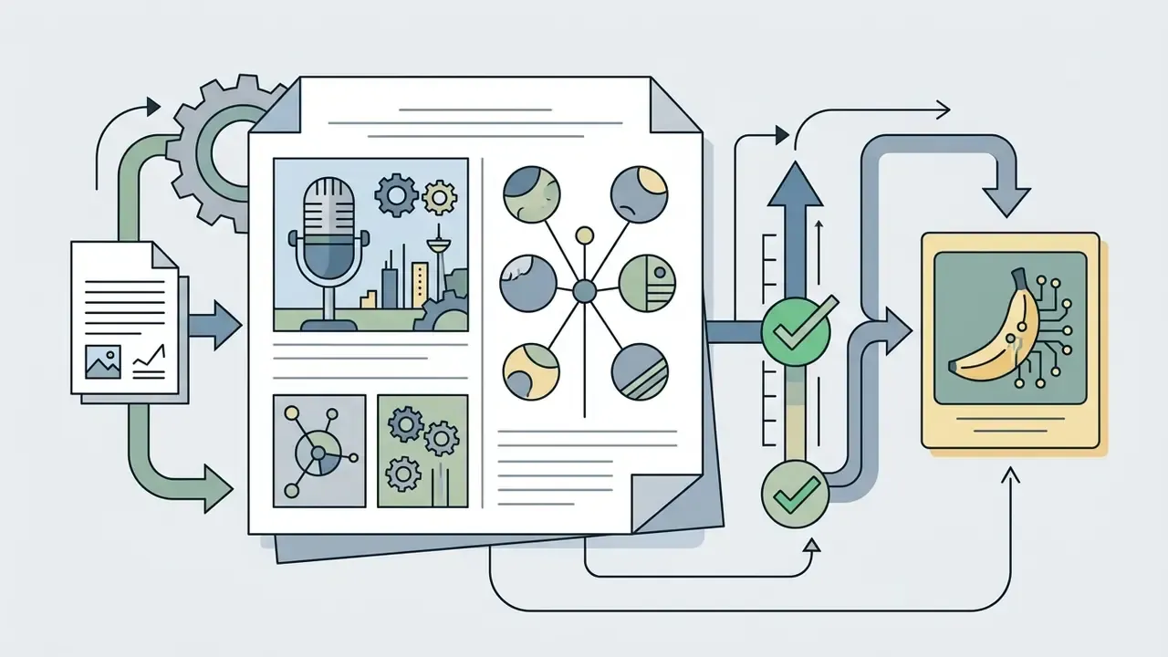 Document with technical icons and a network graph flowing into a validation process for a digital banana