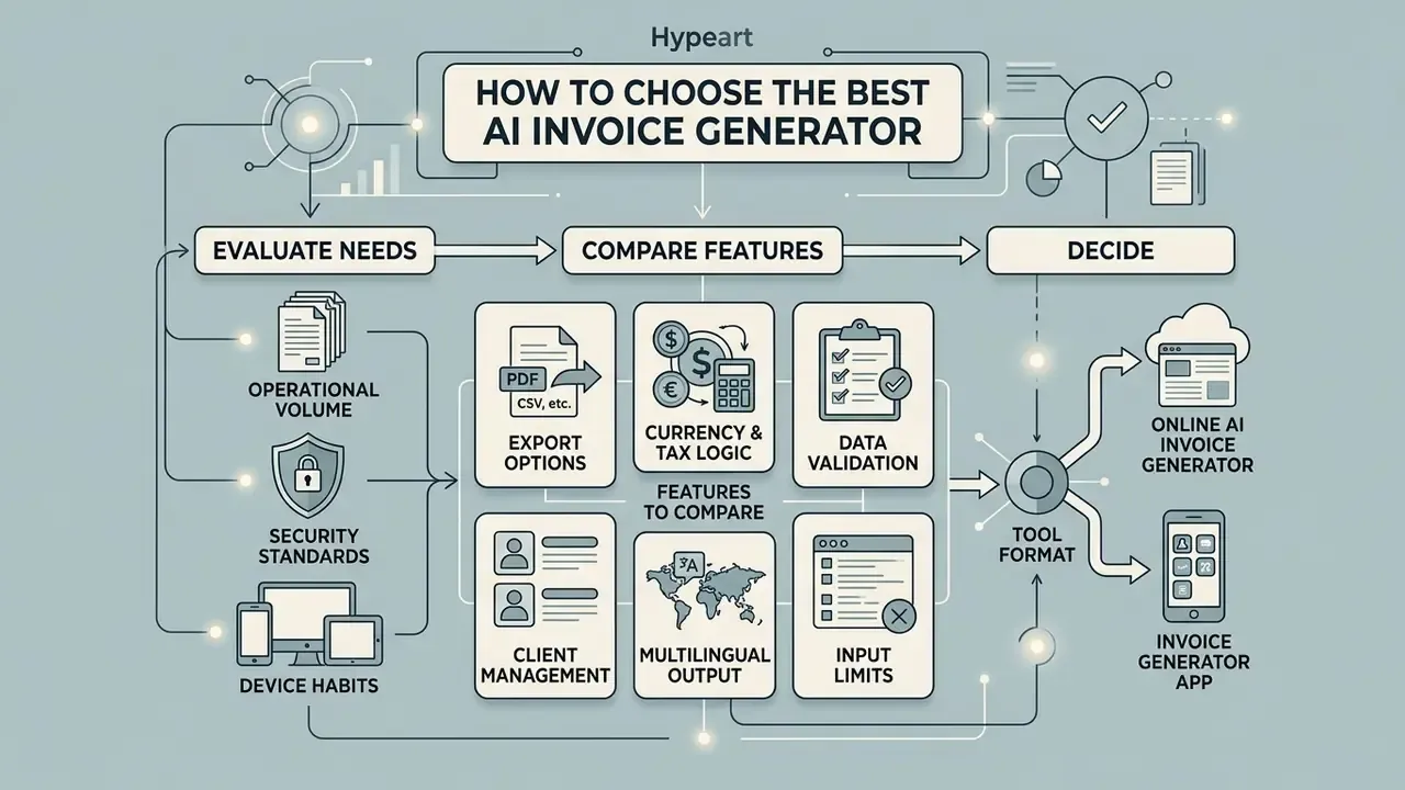 Decision flowchart outlining criteria for selecting billing software including export and tax features