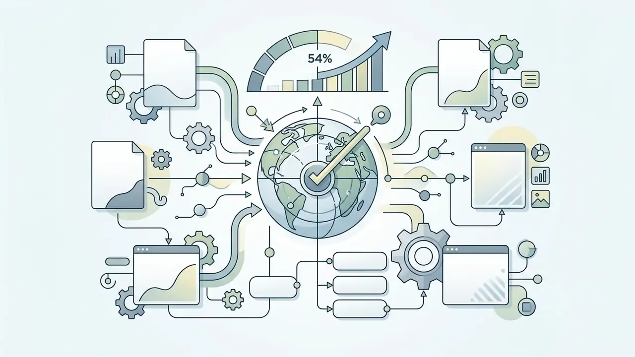 Global globe icon connected to documents and software windows with a growth chart showing 54 percent value