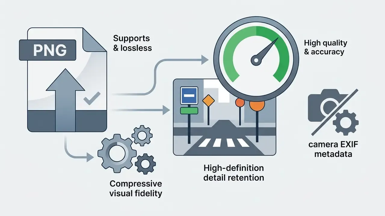 PNG file icon connecting to a street scene, a speed gauge, and a crossed out camera icon