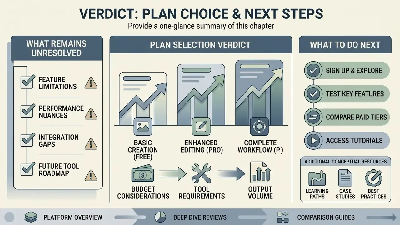 Summary layout showing plan selection criteria, unresolved feature gaps, and recommended next steps