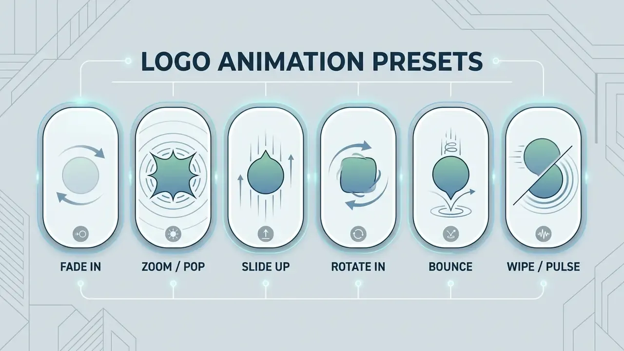 Icons representing logo animation presets like fade, zoom, slide, rotate, bounce, and wipe effects