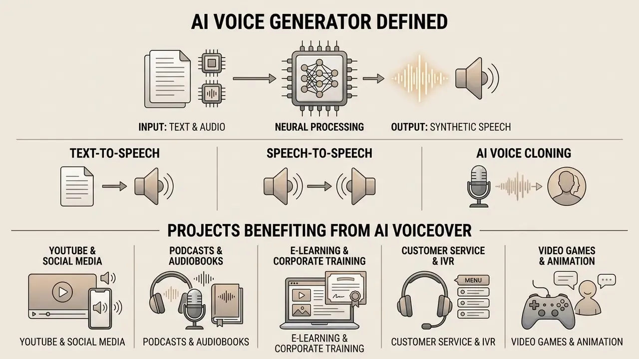 Infographic showing how AI voice generator technology processes input to create speech for various media projects