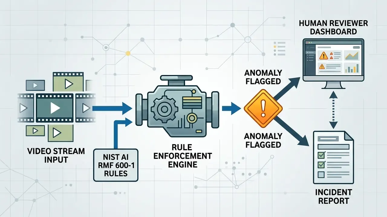 Process flow showing video streams and NIST AI RMF 600-1 rules feeding an engine to flag anomalies