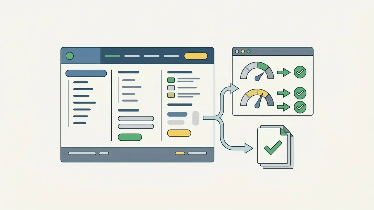 Website interface routing data to performance gauges and a completed review document