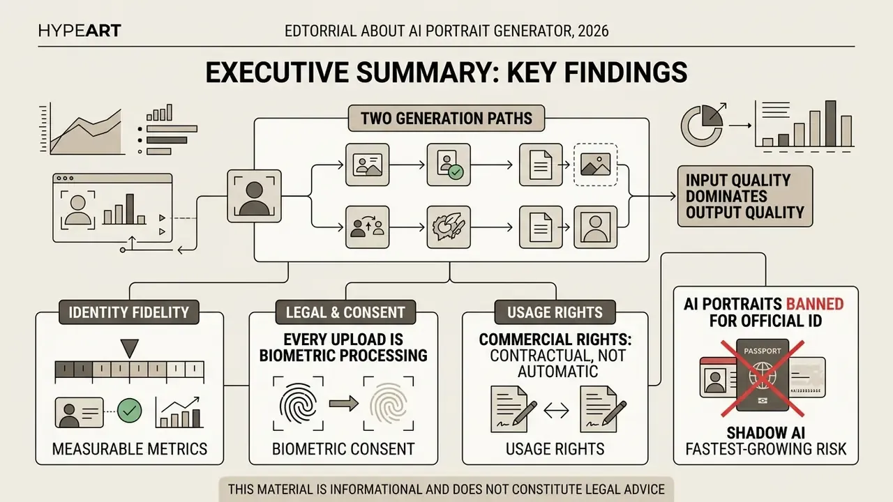 Infographic showing two AI portrait generator paths and key findings on legal, biometric, and usage risks