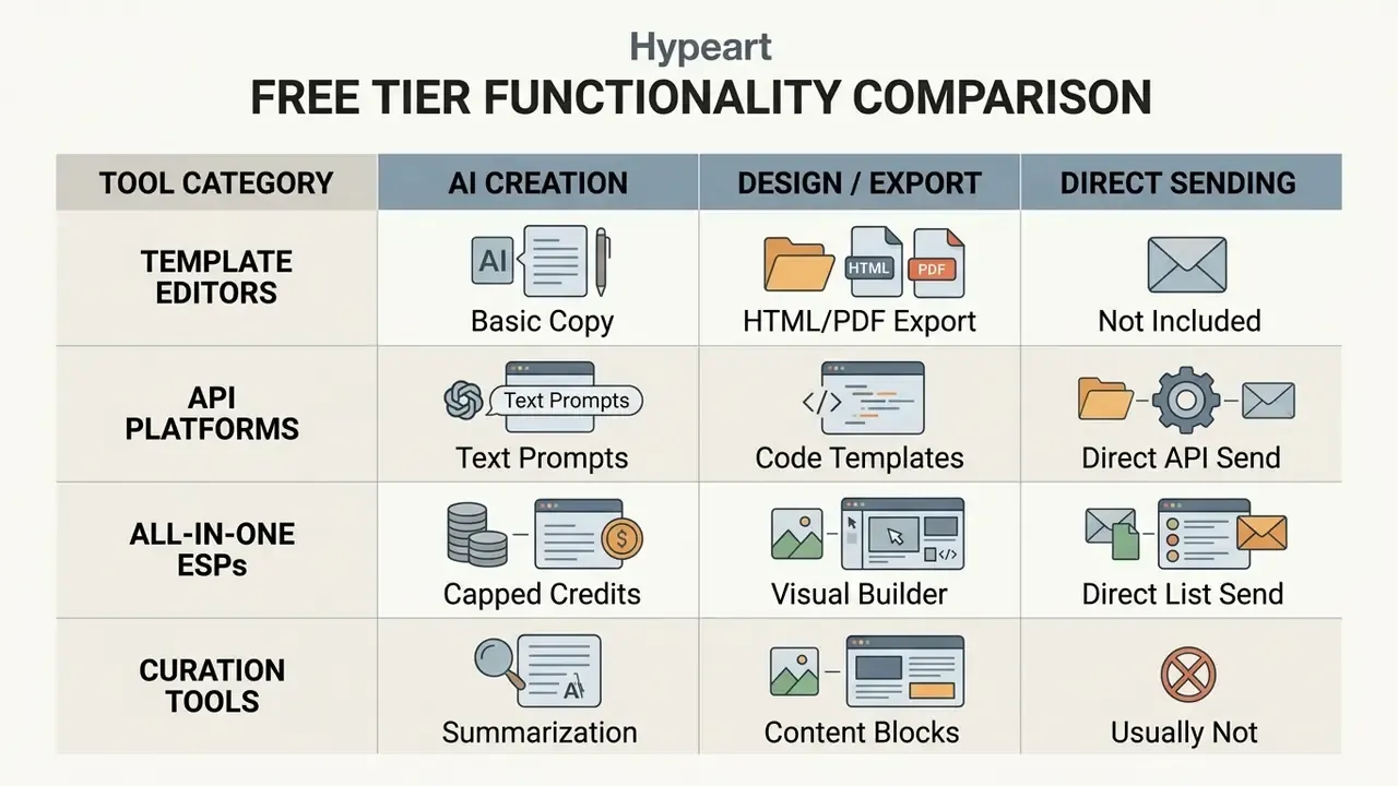 Table comparing tool categories across AI creation, design export, and direct sending functionality