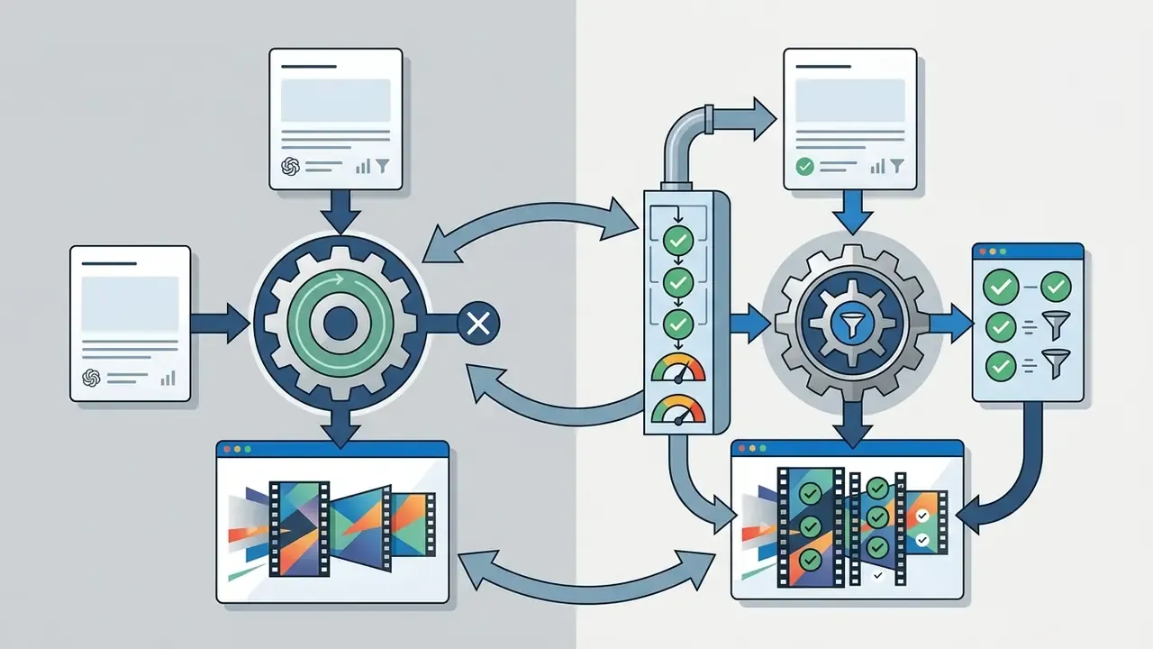 Comparison of standard video generation versus a filtered pipeline with safety checks and moderation