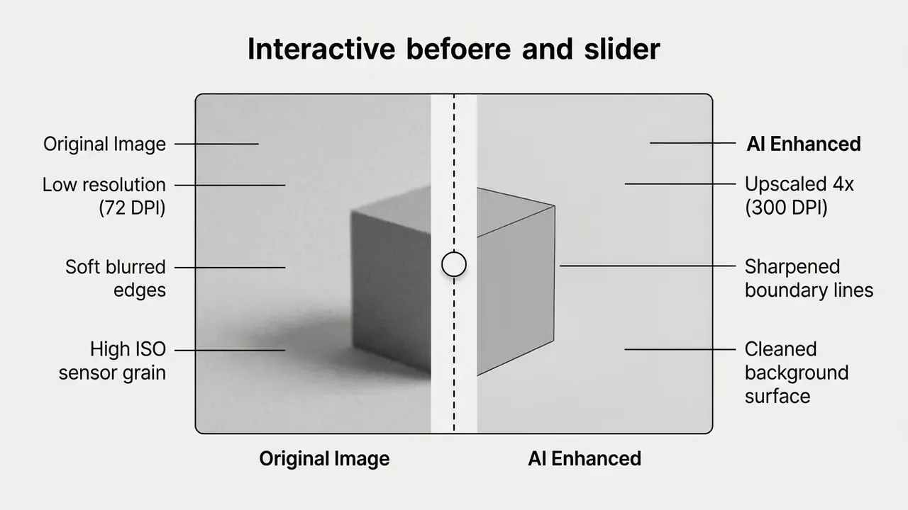 Interactive slider comparing a blurry low resolution cube on the left with a sharp upscaled version