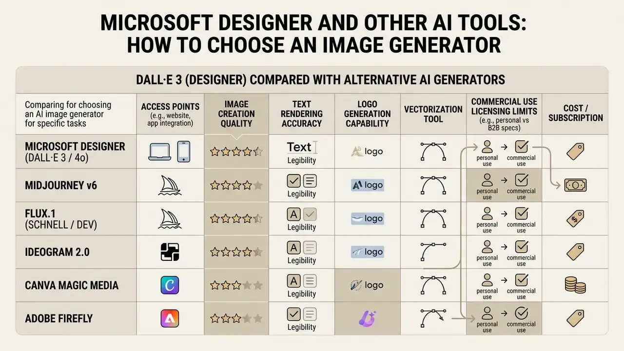 Comparison table evaluating features and licensing of DALL-E 3, Midjourney, Flux.1, Ideogram, Canva, and Firefly