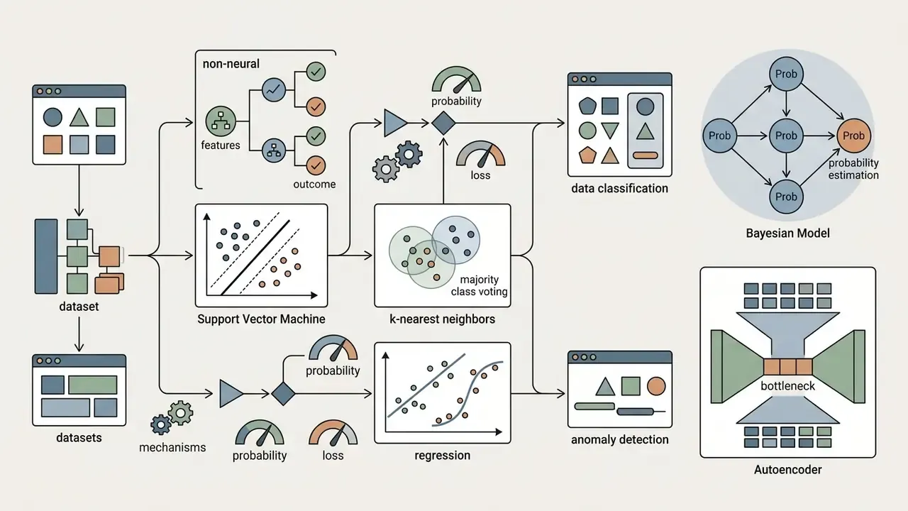 Visual map of machine learning methods including decision trees, regression, Bayesian models and autoencoders