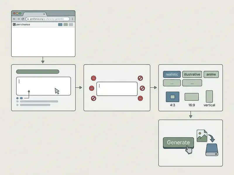 Five-step operational workflow showing text inputs, exclusion parameters, style presets, and file saving