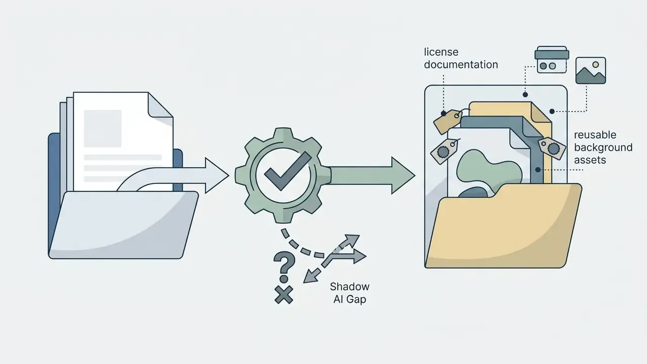 Document folder moving through a gear to organize tagged assets and close the Shadow AI gap