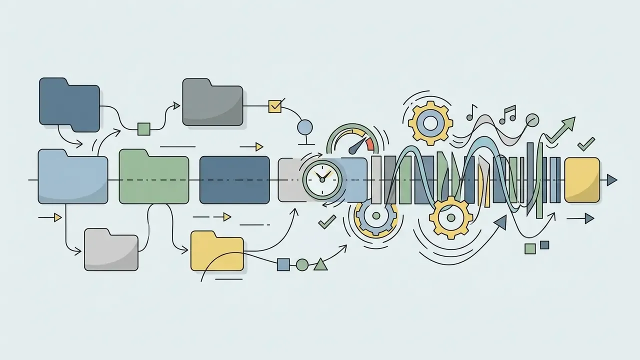 Folders flowing into a timeline with a clock, gears, and musical notes representing rhythmic editing