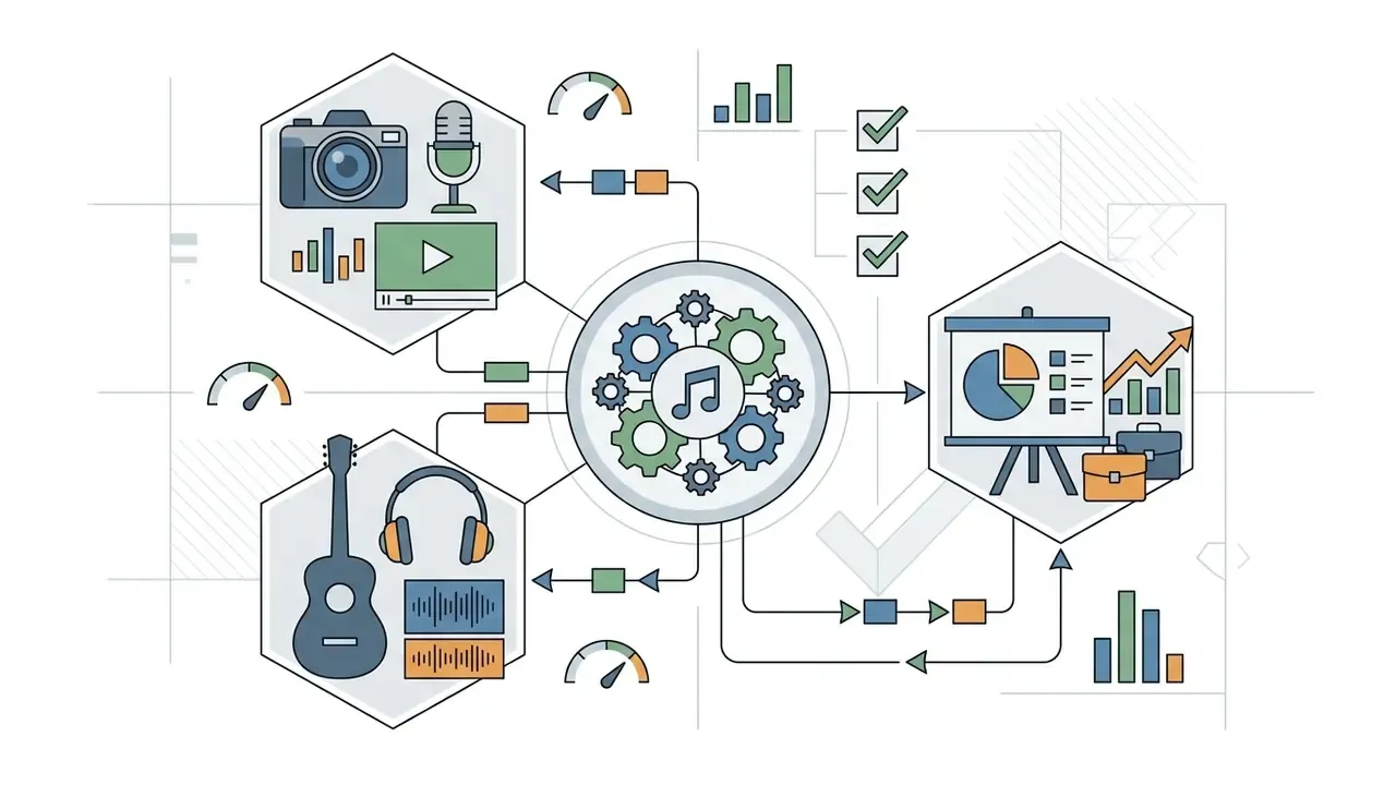 Central gear hub connecting media production tools to business analytics and marketing growth charts