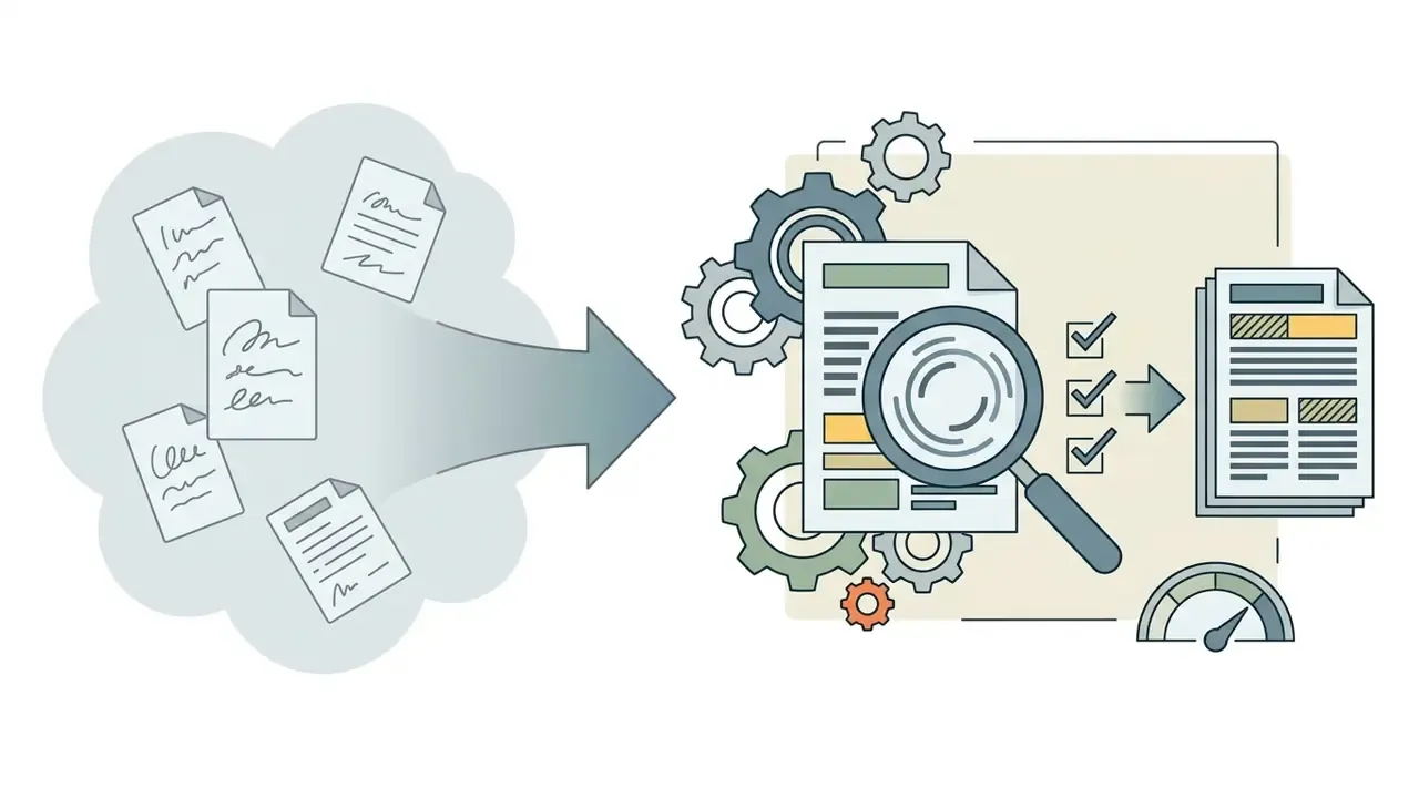Documents moving into a mechanical gear system for analysis and conversion into structured output
