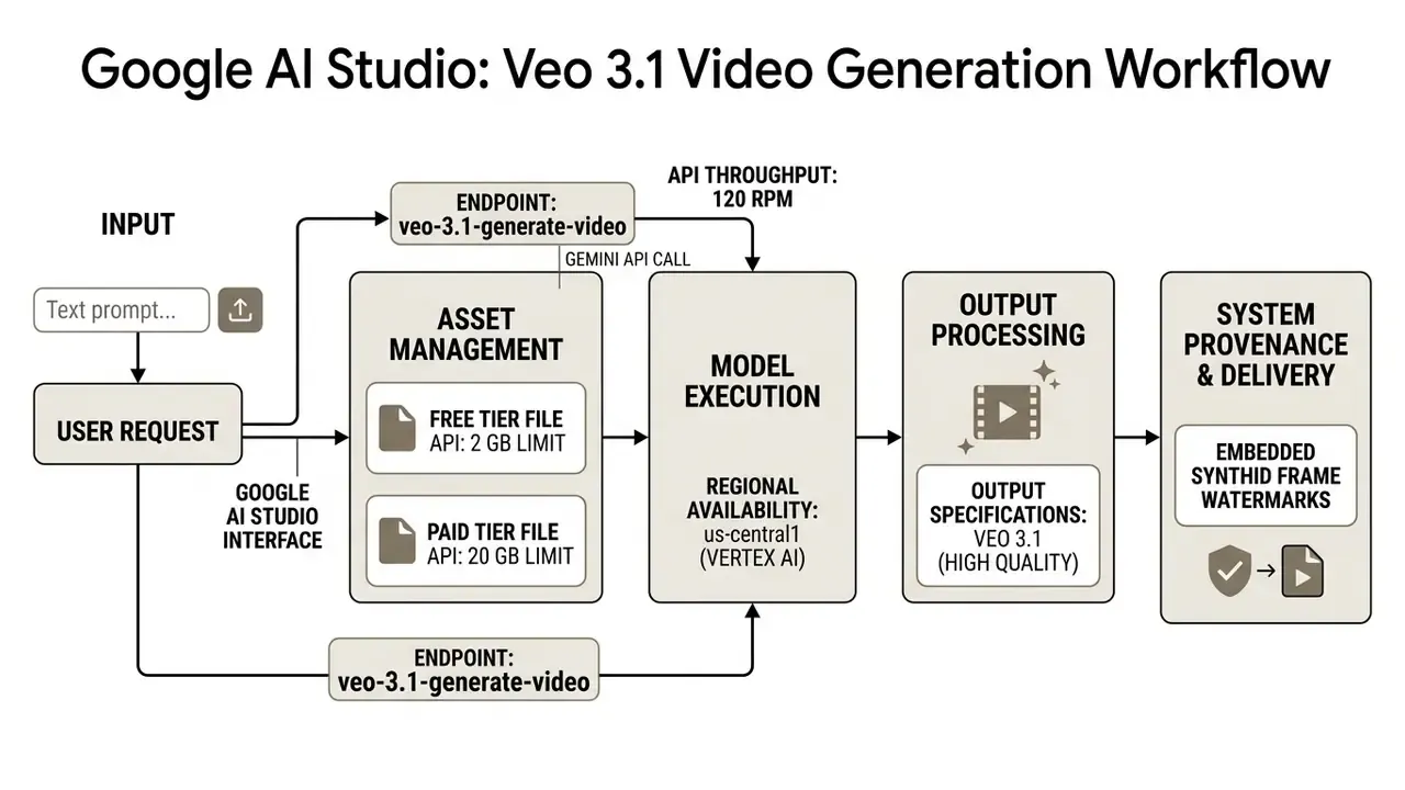 Technical flowchart mapping user prompts through asset management, model execution, and output delivery