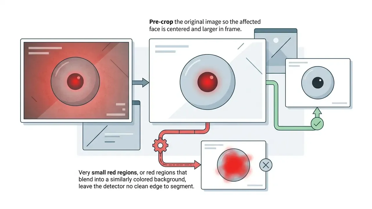 Steps showing how cropping a photo helps an algorithm successfully detect and fix a red pupil