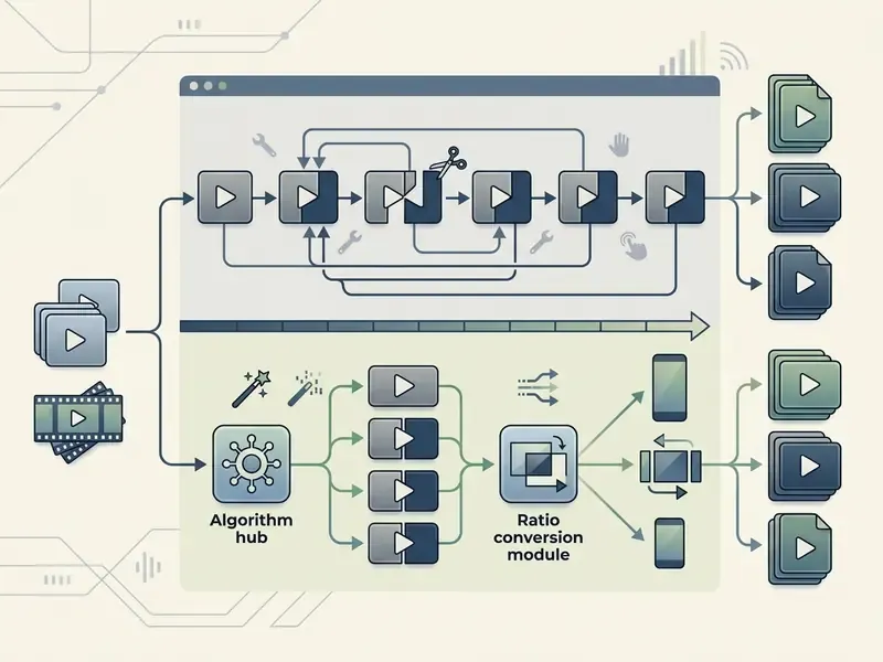 Diagram showing automated clip splitting and ratio conversion processes for efficient video editing