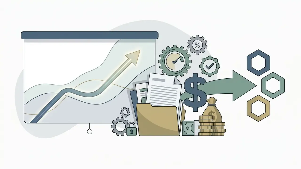 Financial documents and currency icons moving toward a growth chart and hexagonal data nodes
