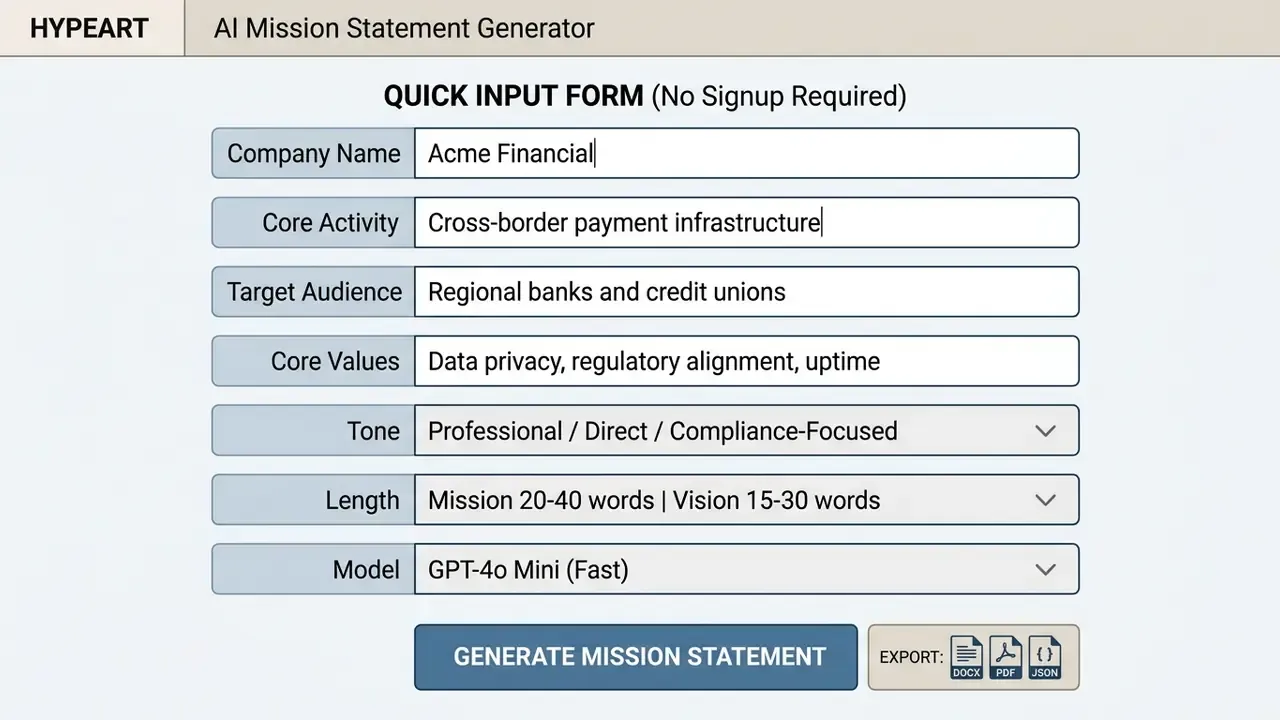 Web form with fields for company details, tone, length, and model selection with a generate button