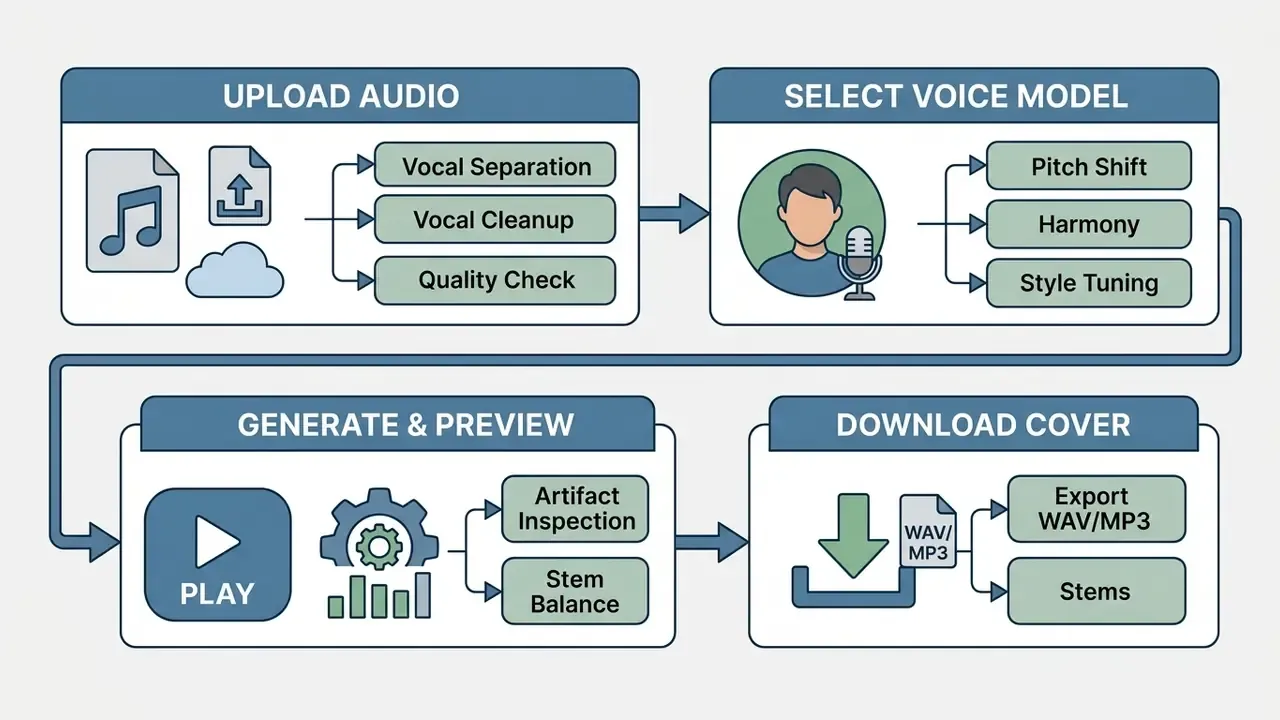 Sequential process blocks showing audio upload, voice selection, previewing, and final file export