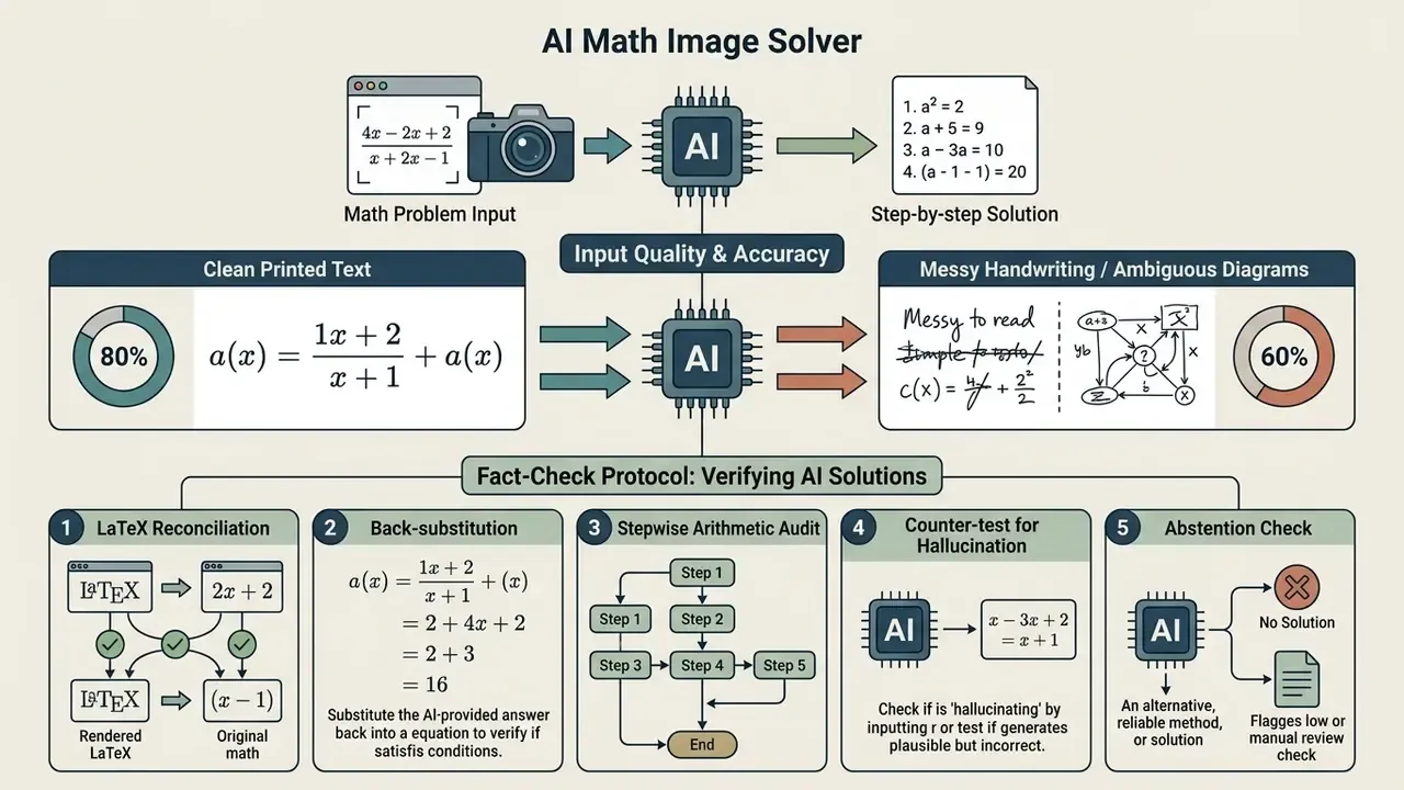 Infographic showing AI math solver accuracy rates and a five-step protocol for verifying model outputs