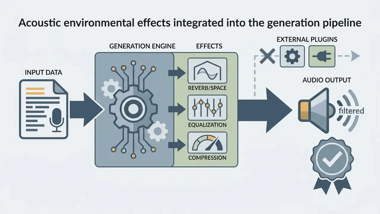Input data flowing through a generation engine with integrated audio effects to produce filtered output