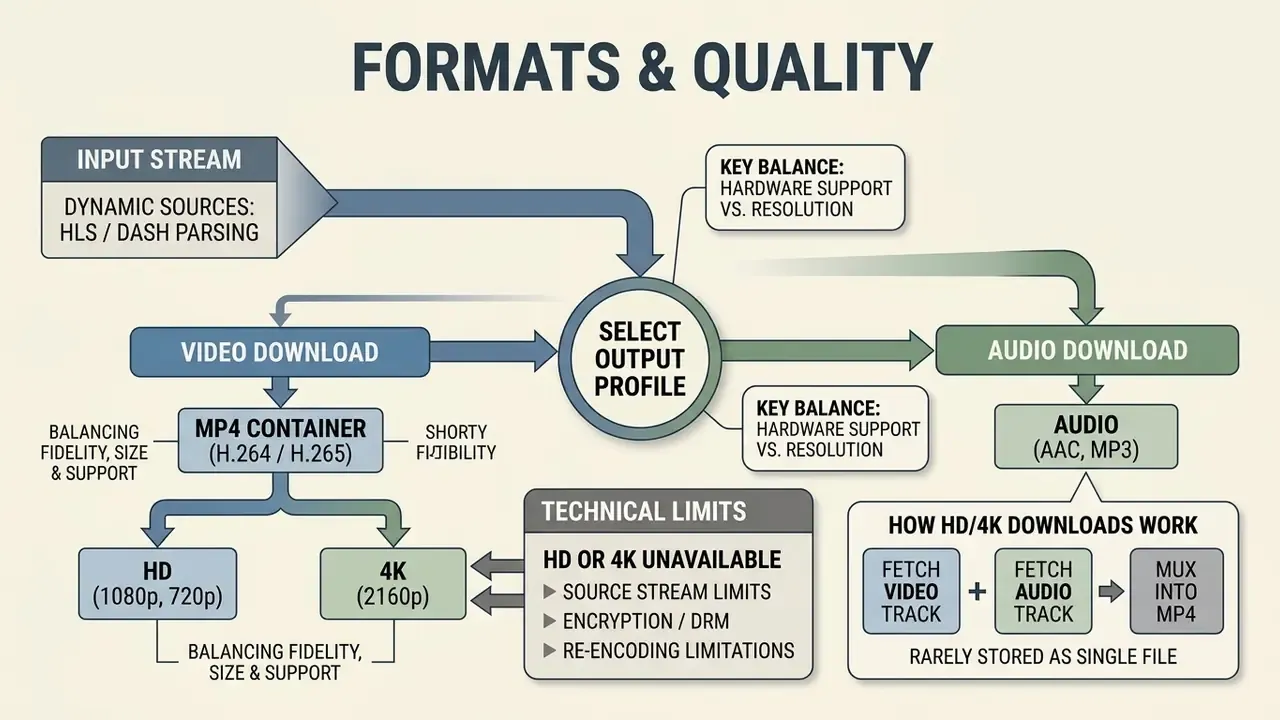 Flowchart showing how input streams are processed into MP4 video and audio files with quality constraints