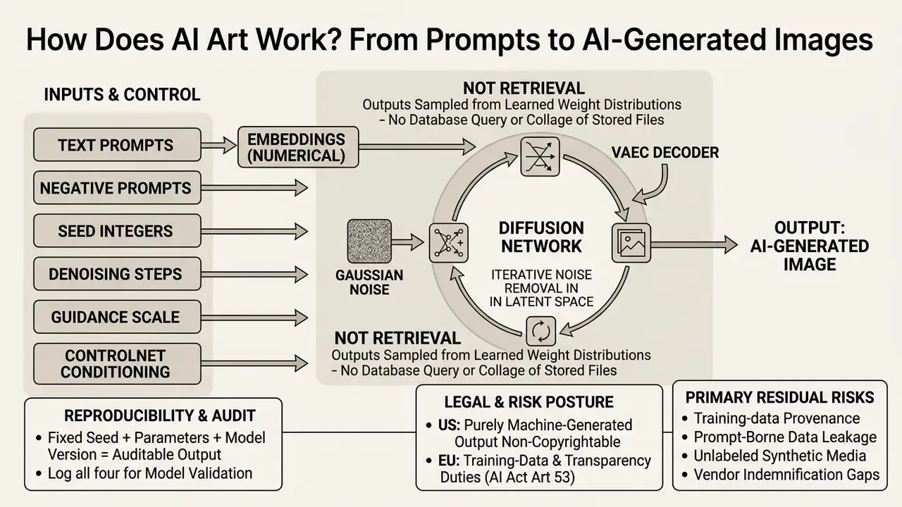 Diagram showing how AI art works by transforming text prompts into images through a diffusion network