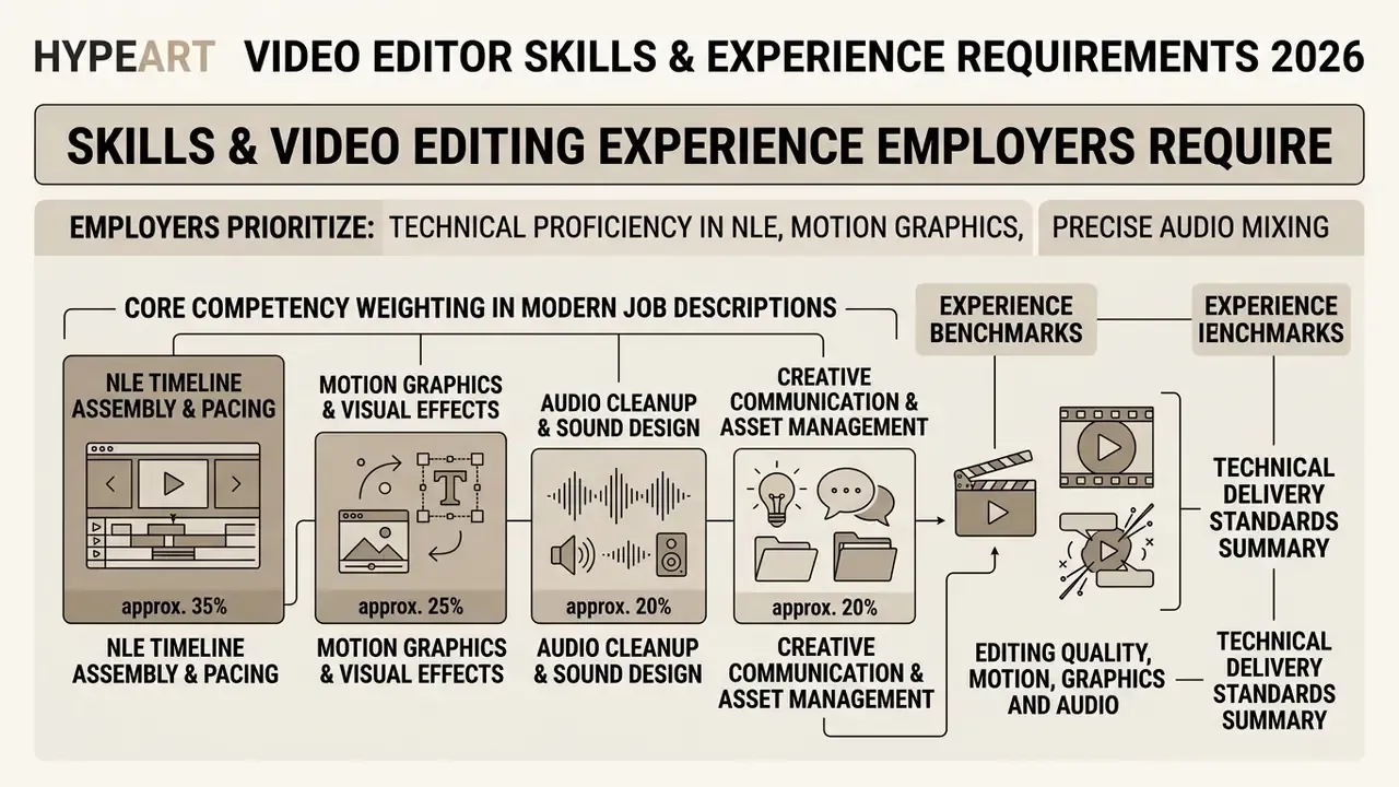Infographic showing the percentage breakdown of core competencies required for video editor jobs