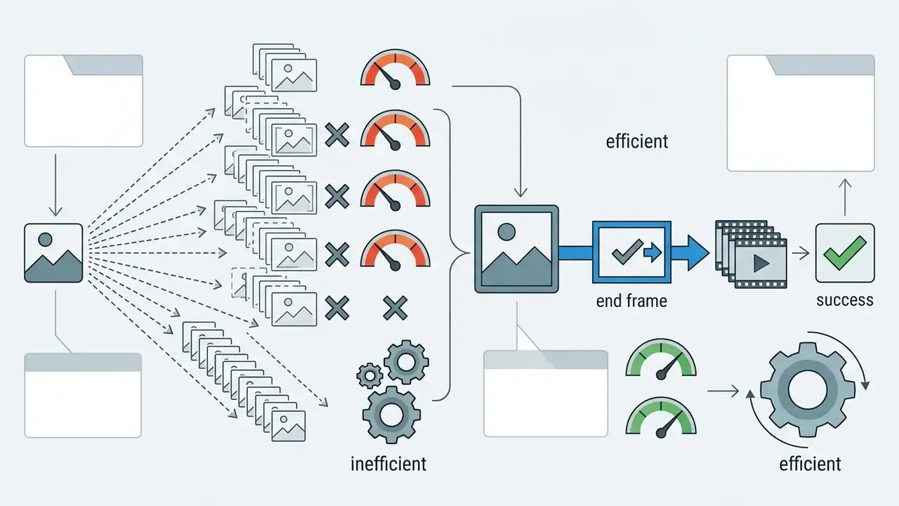 Comparison of inefficient trial-and-error image generation versus efficient end frame workflows