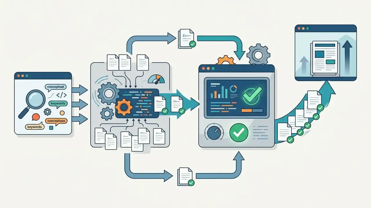 Research icons feeding into a gear-driven processing hub that outputs verified documents to a dashboard