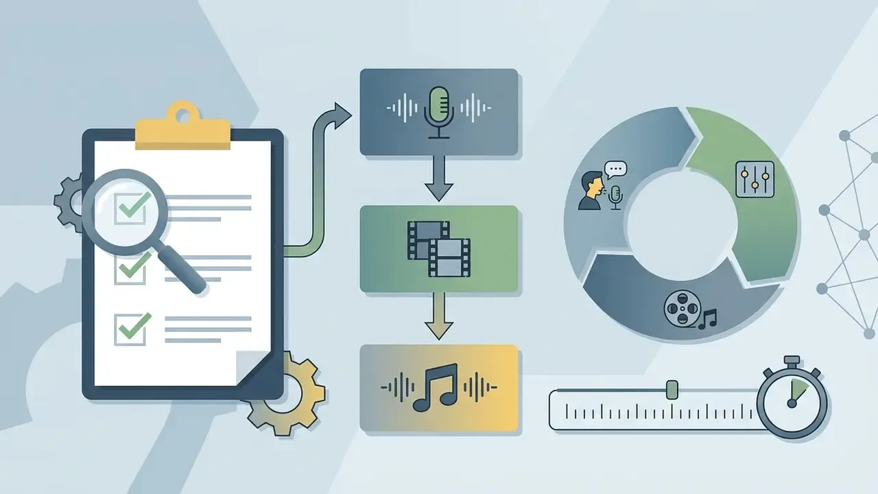 Checklist and icons of microphones, film strips, and music notes representing audio planning for AI video