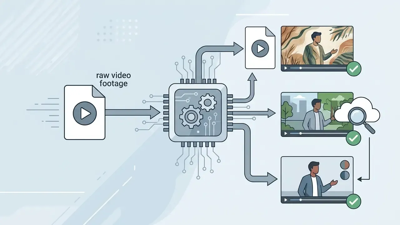 Raw video footage entering a central processor to be transformed into various stylized video outputs