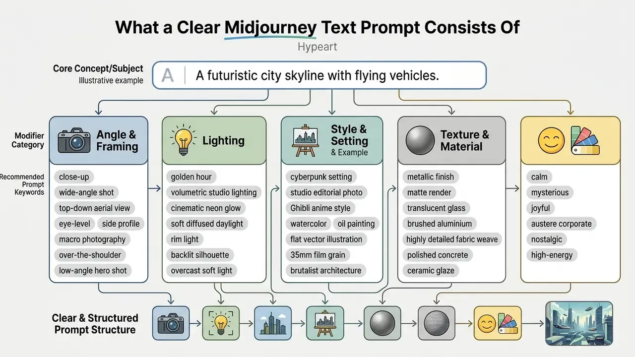 Flowchart displaying how to build a Midjourney prompt by selecting keywords for framing, lighting, and style