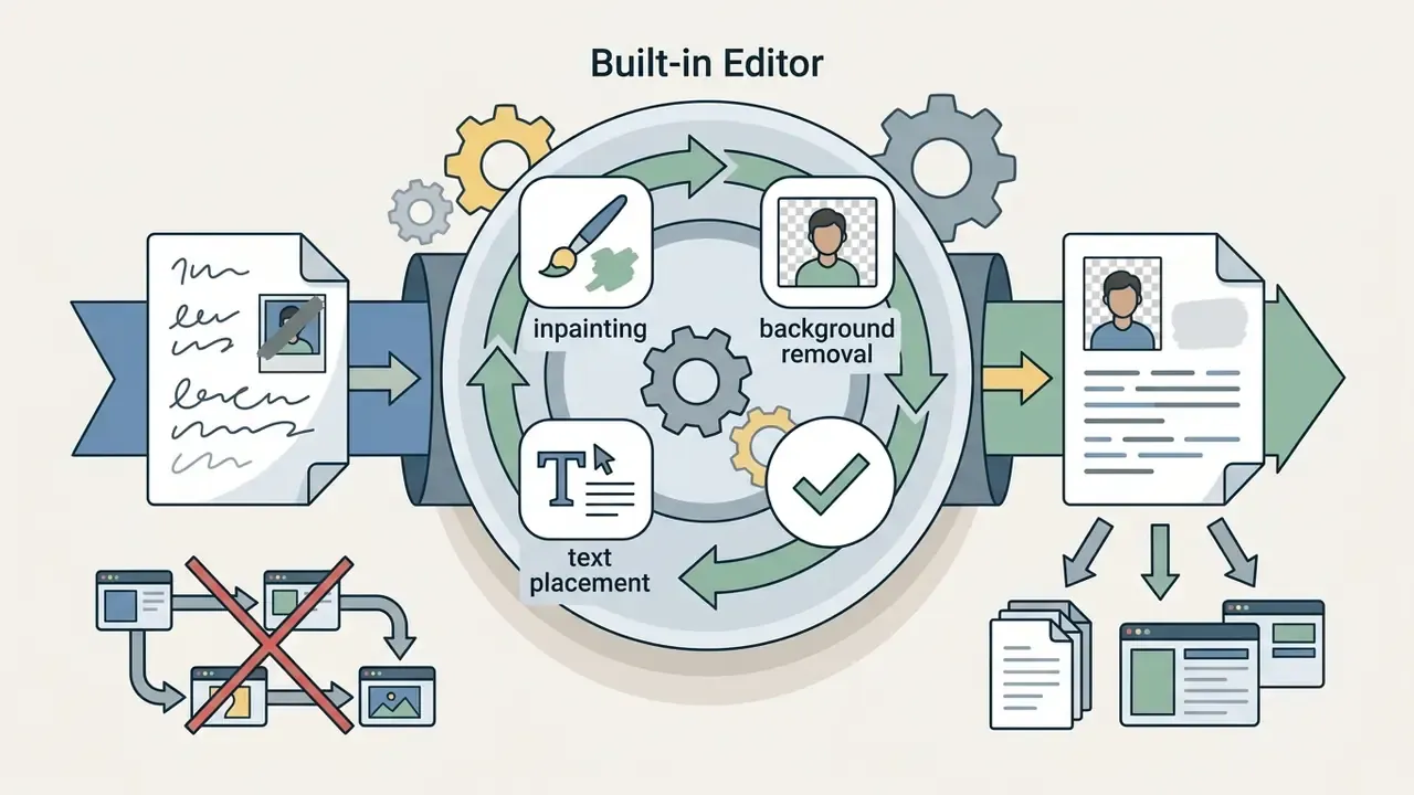 Circular workflow showing inpainting, background removal, and text placement tools for editing images
