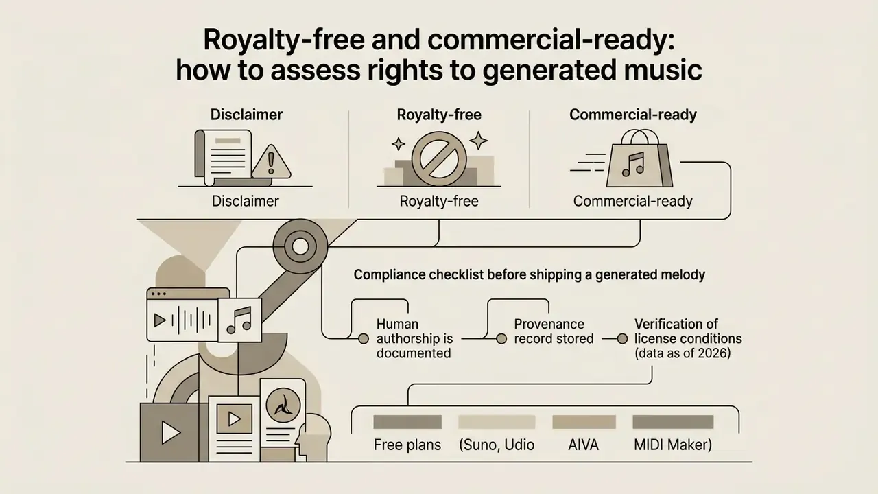 Infographic outlining a compliance checklist for verifying rights and licensing of generated music