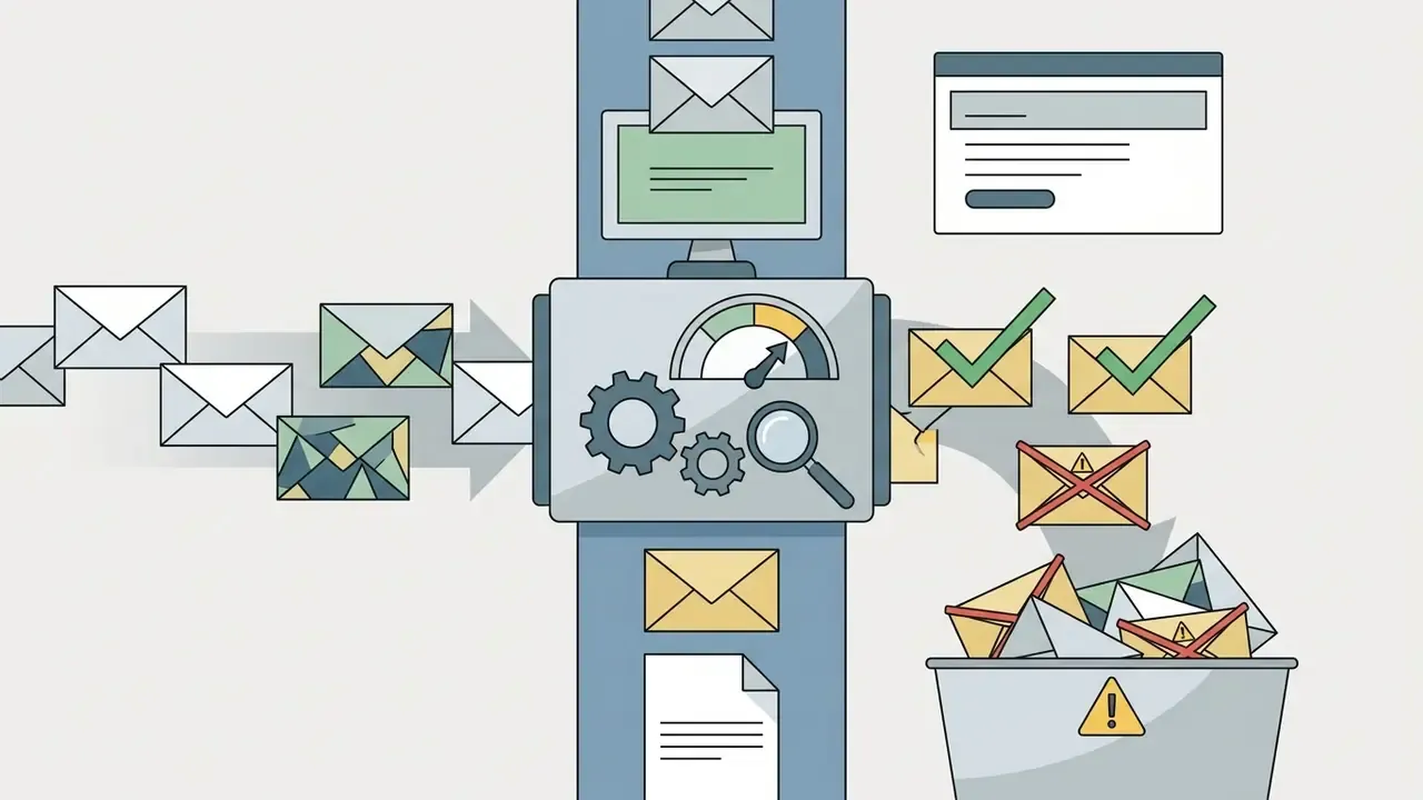 Email attachments moving through a detection gauge that sorts valid messages from those flagged as fraudulent