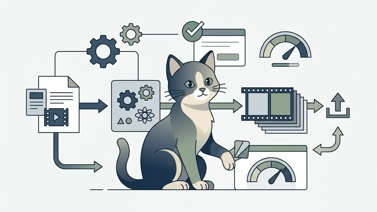 Corporate mascot kitten interacting with a workflow of gears, film strips, and speed gauges