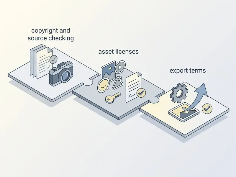Three connected puzzle pieces showing steps for copyright checking, asset licensing, and export terms